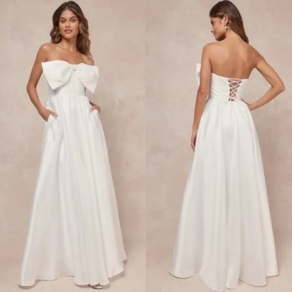 Lulu's Refined Extravagance White Taffeta Bow Maxi Dress With Pockets M Wedding - Picture 1 of 11